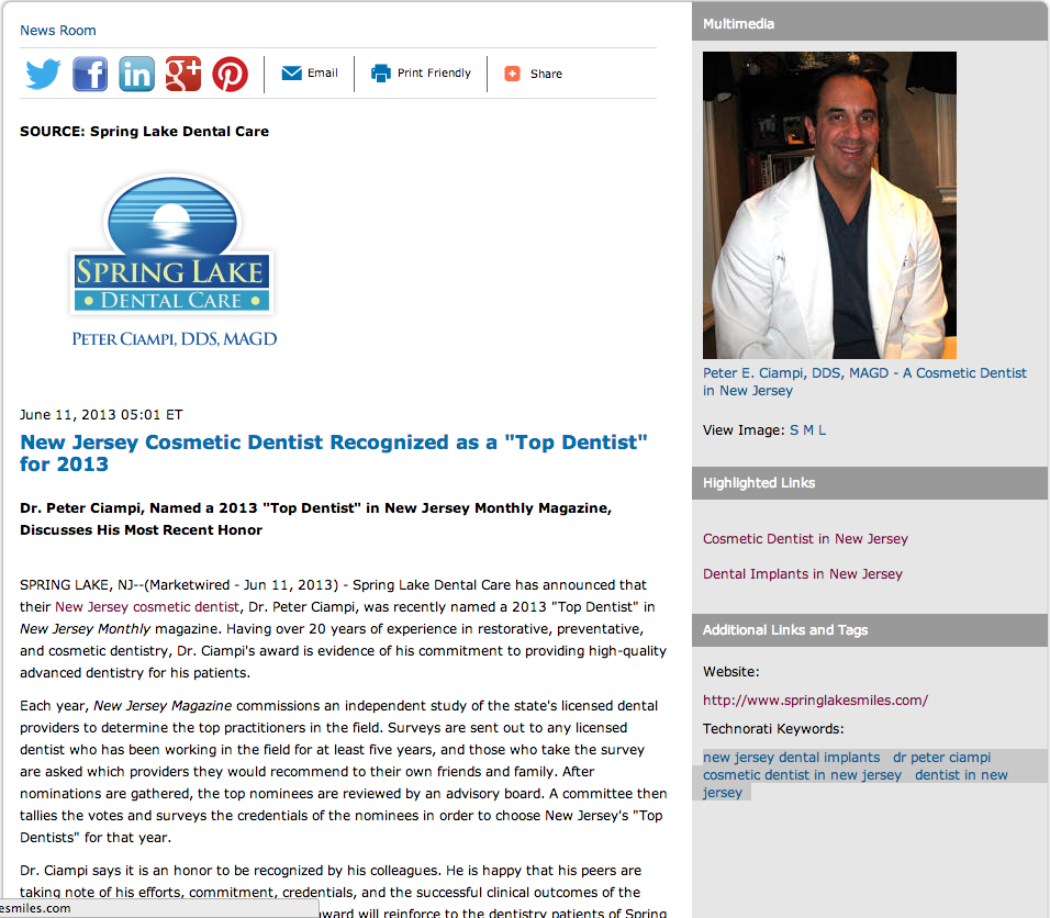 New Jersey Cosmetic Dentist Recognized As A “Top Dentist” For 2013