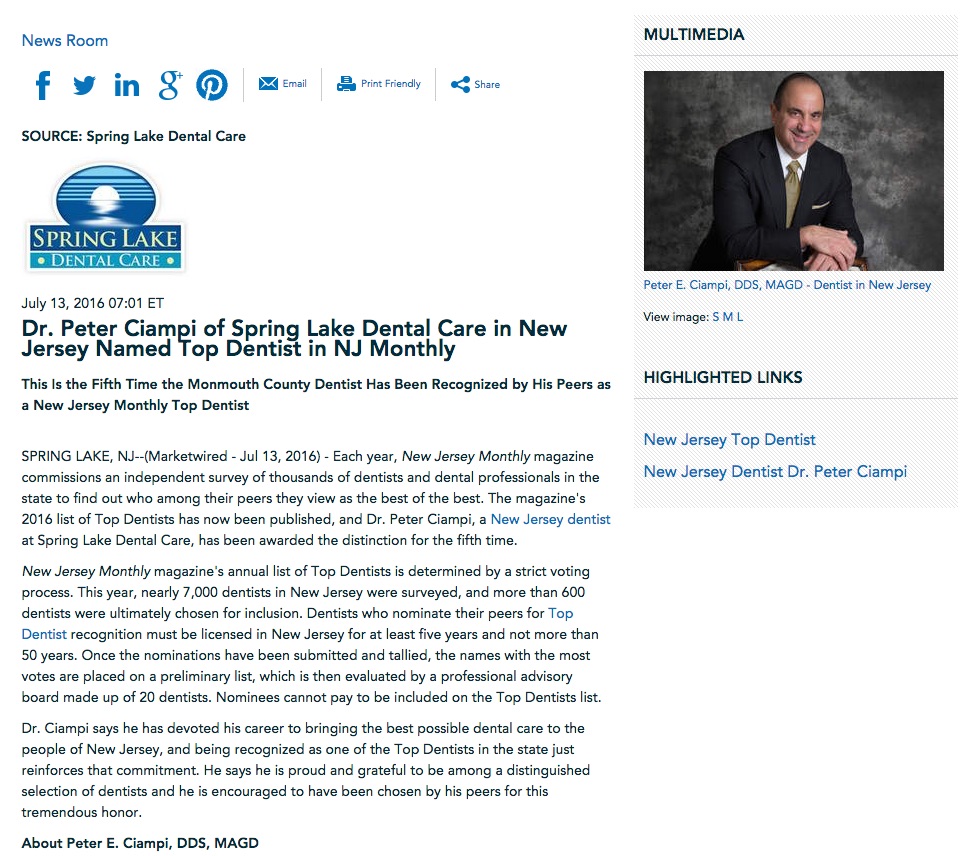 Dr. Peter Ciampi of Spring Lake Dental Care in New Jersey Named Top