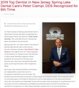 Dr. Peter Ciampi in Monmouth County, New Jersey has been named an NJ Monthly Top Dentist for the eighth time.