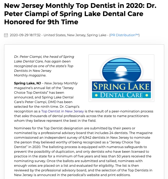 New Jersey Monthly Top Dentist in 2020 Dr. Peter Ciampi of Spring Lake